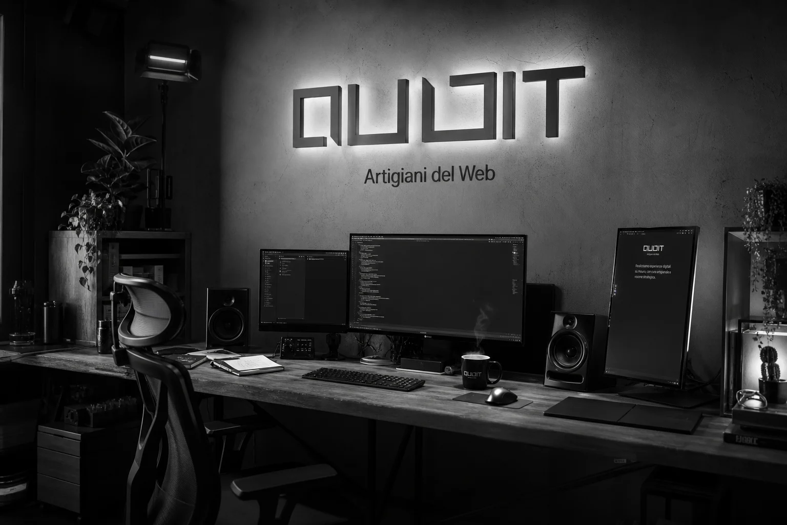 Lo studio Qubit - logo illuminato a parete